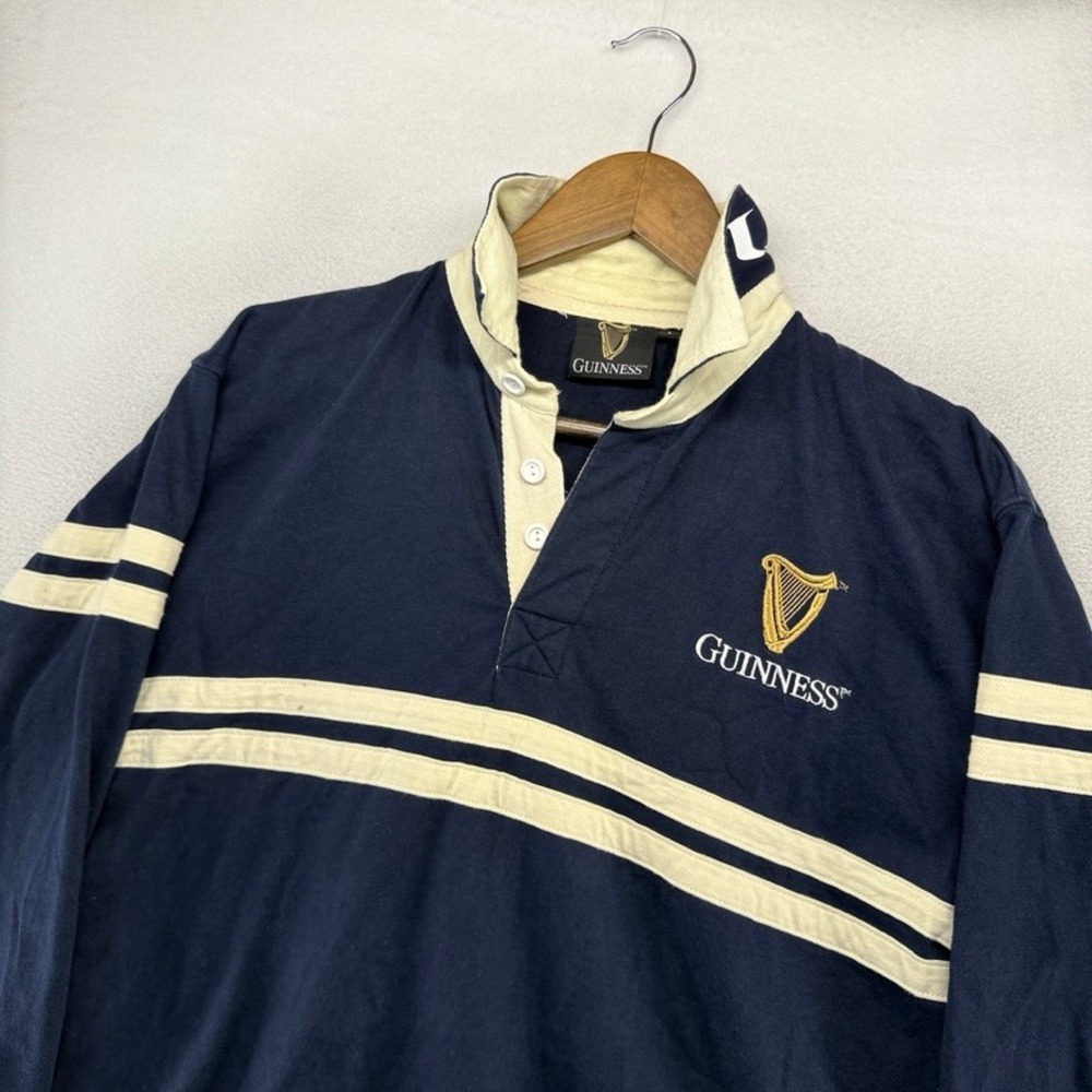 Vintage Guinness Rugby Shirt Mens Small Navy Blue Long Sleeve Harp Logo Beer y2k